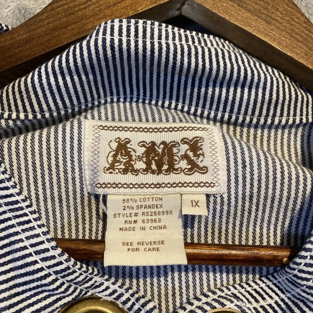 Womens Jacket Sz 1X Blue White Stripes Band Collar  Coastal Beach Preppy Cottage